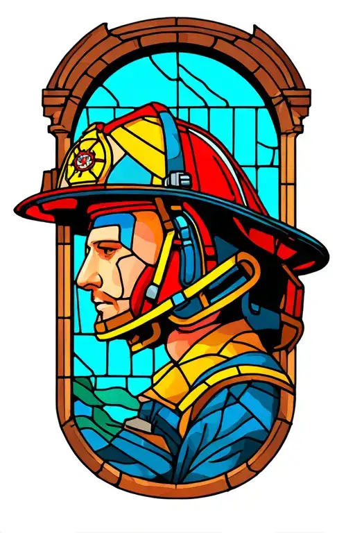stain glass window with firefighter helmet tattoo design idea