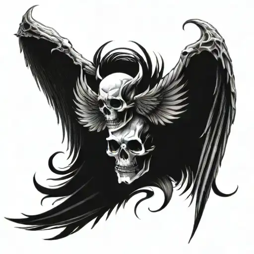 good and evil angel and devil in one entity with Holo gram skull and wings at top backbone tattoo tattoo design idea