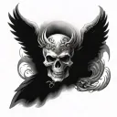 good and evil angel and devil in one entity with Holo gram skull and wings at top backbone tattoo tattoo design idea