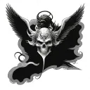 good and evil angel and devil in one entity with Holo gram skull and wings at top backbone tattoo tattoo design idea