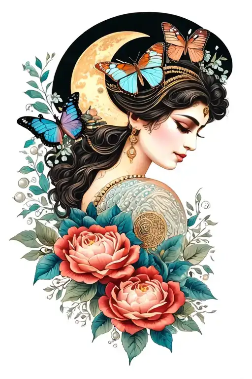 ancient Babylonian goddess portrait, waxing crescent moon, pearls, butterfly, 11, esoteric tattoo design idea