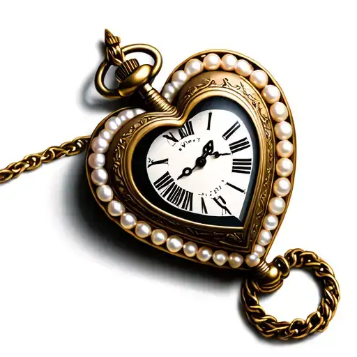 A heart-shaped pocket watch with a pearl border, pointing to midnight. tattoo design idea