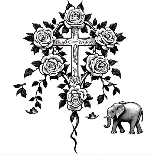 A vine of roses intertwined with Christian symbols, forming the shape of a cross, with an elephant and sea animals at the base tattoo design idea