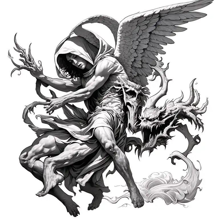 hooded arch angel defeating a demon tattoo design idea