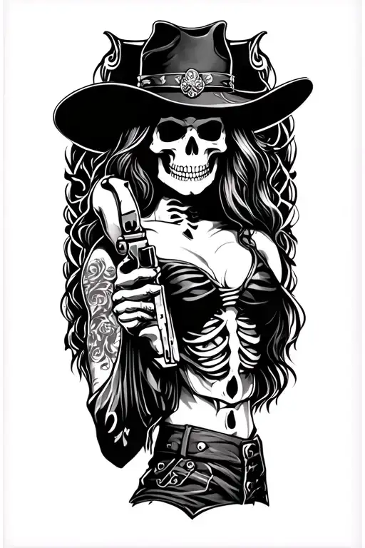 Wild West skeleton gunslinger with a sexy girl tattoo design idea