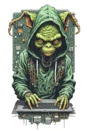 gremlin hacker wearing a hoodie using a laptop circuit board tattoo design idea