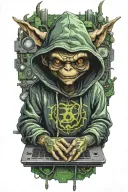 gremlin hacker wearing a hoodie using a laptop circuit board tattoo design idea