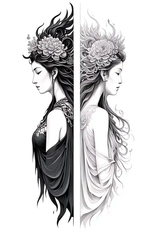 Kwan Yin and The Morrigan shown as two sides of the same person back to back tattoo design idea