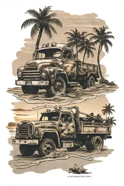 truck on beach with sunset scene tattoo design idea