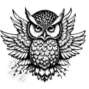 A bold blackwork-style illustration of an owl with outstretched wings, designed for a chest tattoo. The owl is depicted  tattoo design idea