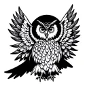 A bold blackwork-style illustration of an owl with outstretched wings, designed for a chest tattoo. The owl is depicted  tattoo design idea