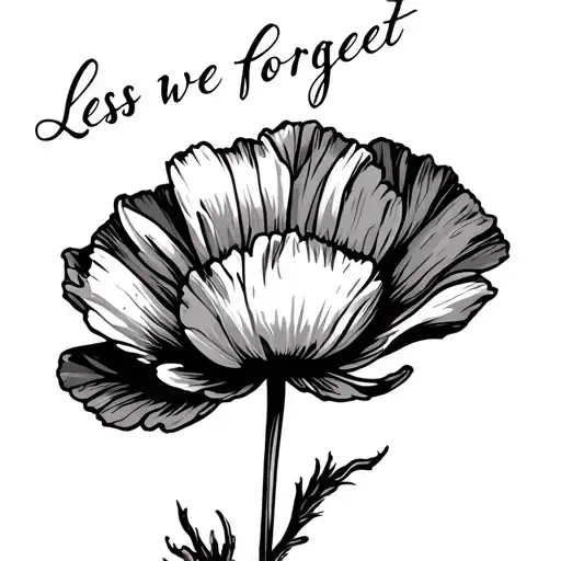 Poppy flower with less we forget written in cursive along the stem tattoo design idea