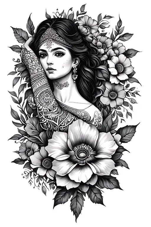 Full sleeve tattoo with mandala on shoulder and elbow, flowers filling the rest tattoo design idea