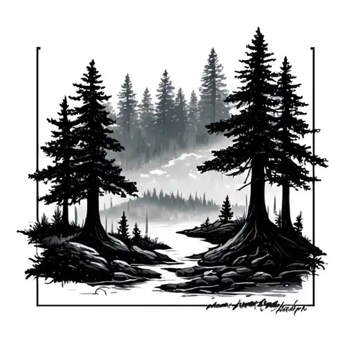 small forest landscape inside a rectangle frame tattoo design idea