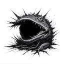 A post -apocalyptic, modern expressionist black hole, which like a frogor, scratched stru tattoo design idea