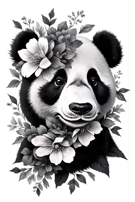 panda face half covered by flowers tattoo design idea