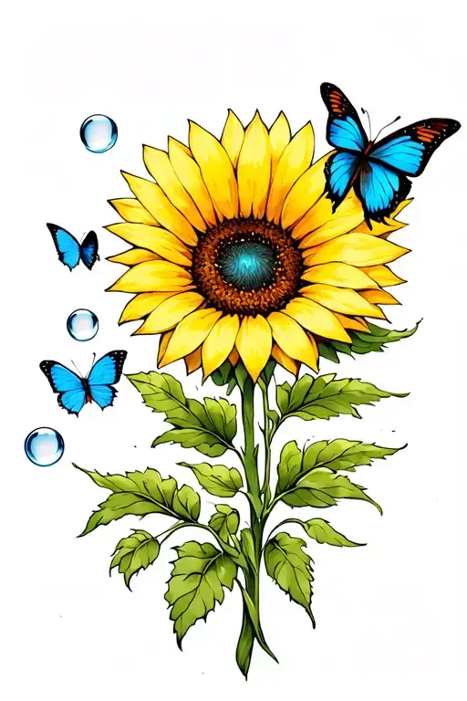 yellow sunflower, one blue butterfly and 3 little bubbles tattoo design idea