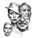 three overlapping similar looking faces that get less intricate and less happy tattoo design idea