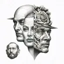 three overlapping similar looking faces that get less intricate and less happy tattoo design idea