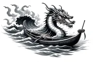 burning Dragon Boat in waves tattoo design idea