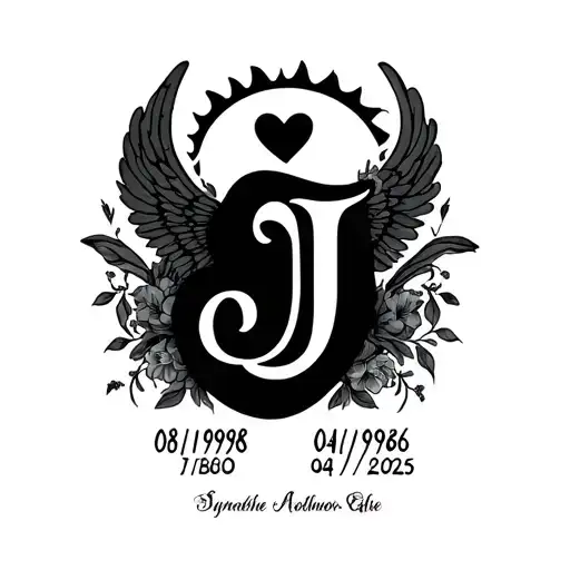 feminine cursive letter J with an angel halo and a heart with the dates 08/19/1986 and 04/01/2025 added tattoo design idea