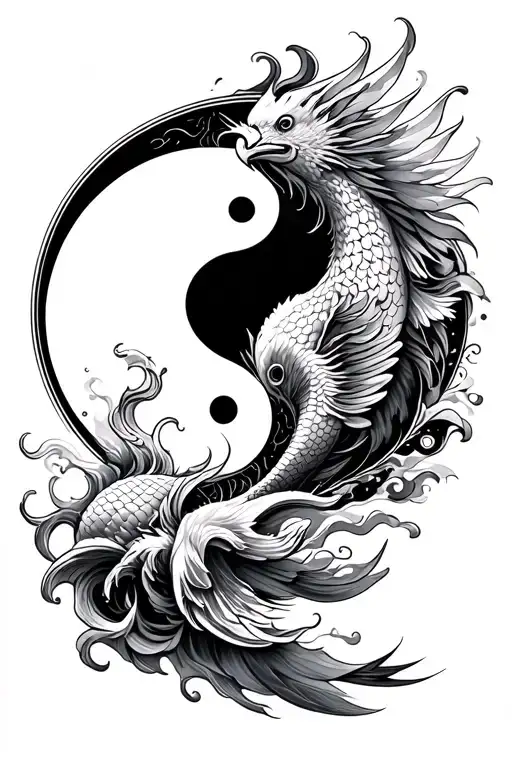 Katana with Yin-Yang-Koi circle, phoenix rising from the side, elaborate waves and smoke, Realistic Black & Gray, A tattoo design idea