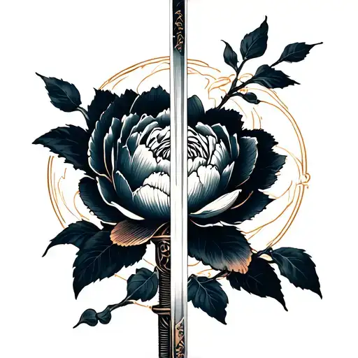 Japanese saber and peony. Light and fine lines tattoo design idea
