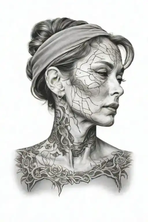 Create a very realistic 3/4 portrait, black and grey, of a woman head down, eyes visible tattoo design idea