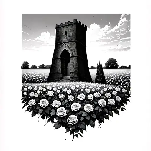 tall dark tower looming over a field of roses,  with a door standing alone tattoo design idea