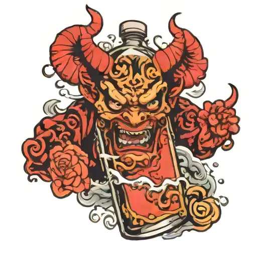 a demon behind an alcohol bottle floating tattoo design idea