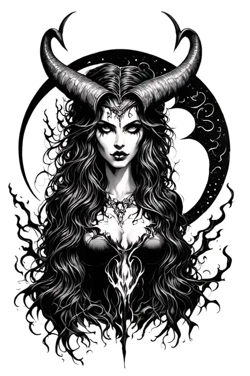 dark goddess Lilith with power surrounding her direct stare, curved horns, fangs, empty eyes, black crescent moon tattoo design idea