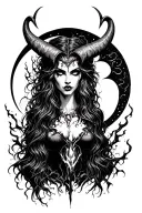 dark goddess Lilith with power surrounding her direct stare, curved horns, fangs, empty eyes, black crescent moon tattoo design idea