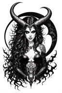dark goddess Lilith with power surrounding her direct stare, curved horns, fangs, empty eyes, black crescent moon tattoo design idea