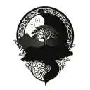 tree of life and sun and moon and jing jang symbol tattoo design idea