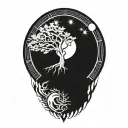 tree of life and sun and moon and jing jang symbol tattoo design idea