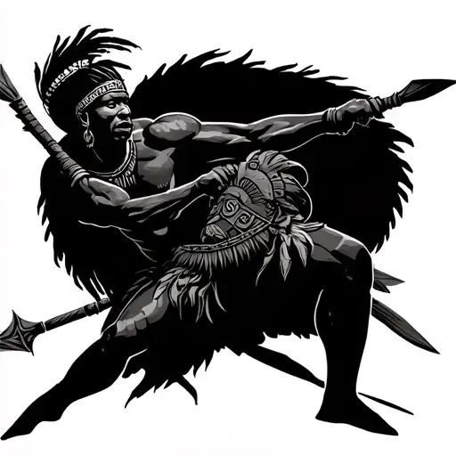 African warrior battling with spear surrounded tattoo design idea