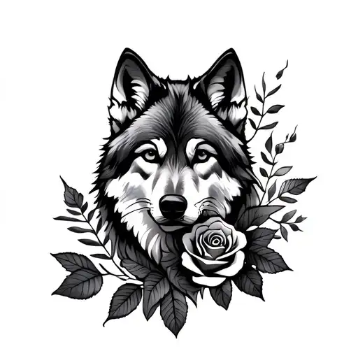 wolf, rose and leaf tattoo design idea