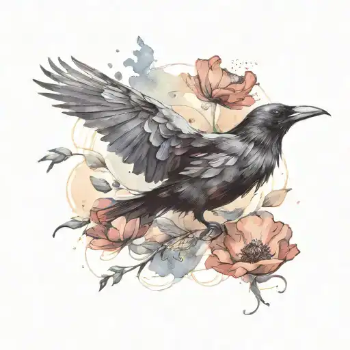 raven flying with poppies and lotus flower blooming tattoo design idea