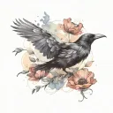 raven flying with poppies and lotus flower blooming tattoo design idea