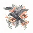 raven flying with poppies and lotus flower blooming tattoo design idea