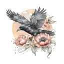 raven flying with poppies and lotus flower blooming tattoo design idea