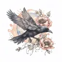 raven flying with poppies and lotus flower blooming tattoo design idea