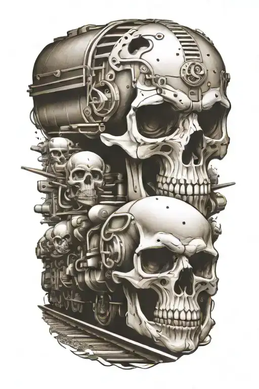 railroad train tracks going into the distance with evil skulls and harley davidson engine parts tattoo design idea