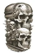 railroad train tracks going into the distance with evil skulls and harley davidson engine parts tattoo design idea