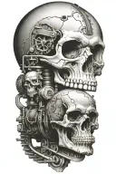 railroad train tracks going into the distance with evil skulls and harley davidson engine parts tattoo design idea