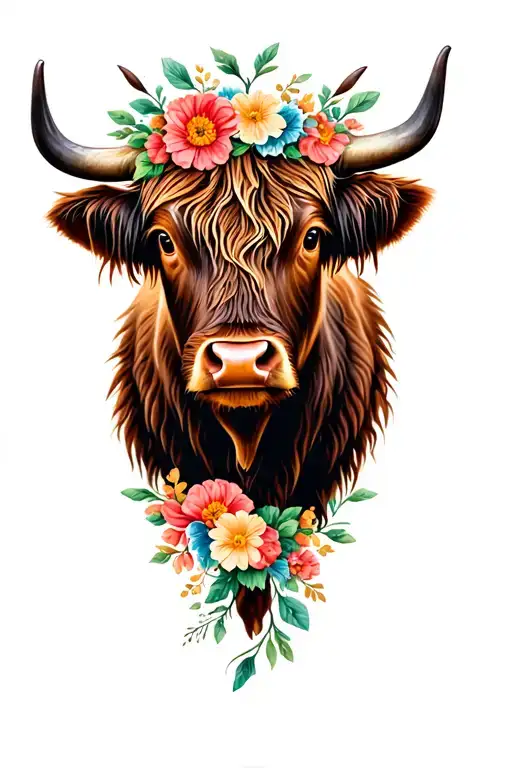Highland cow head with flowers intertwined tattoo design idea