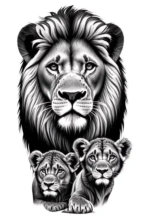 Dad lion with his cubs with there names next to each cubs tattoo design idea