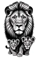 Dad lion with his cubs with there names next to each cubs tattoo design idea