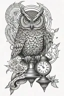owl holding broken hourglass while flying towards the sun tattoo design idea