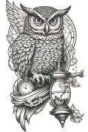 owl holding broken hourglass while flying towards the sun tattoo design idea